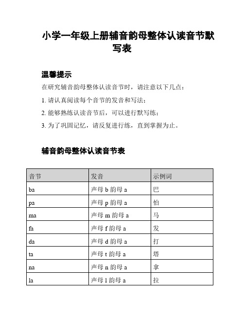 小学一年级上册辅音韵母整体认读音节默写表