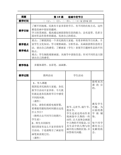 人美版二年级下册美术教案全册表格式-45第十八课  绘画中的节日2