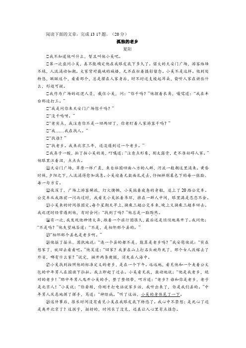 2020年中考语文文学类阅读《孤独的老乡》练习及答案