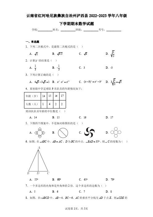 云南省红河哈尼族彝族自治州泸西县2022-2023学年八年级下学期期末数学试题