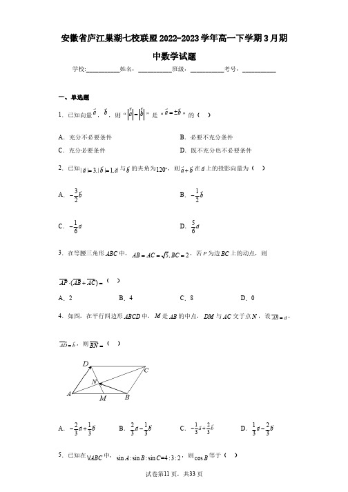 安徽省庐江巢湖七校联盟2022-2023学年高一下学期3月期中数学试题