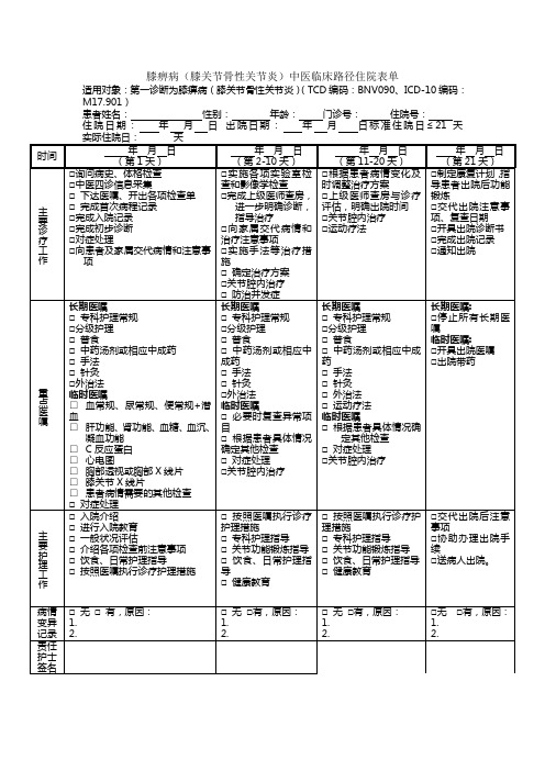 膝痹病(膝关节骨性关节炎)中医临床路径住院表单