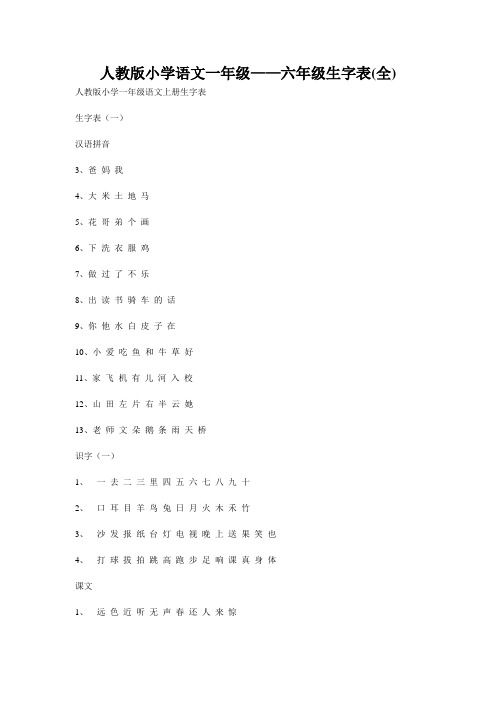 人教版小学语文一年级——六年级生字表(全)