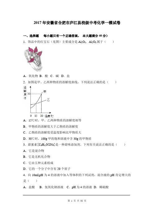 (可修改打印)【中考真题】2017年安徽省合肥市庐江县校级中考化学一模试卷(解析版)