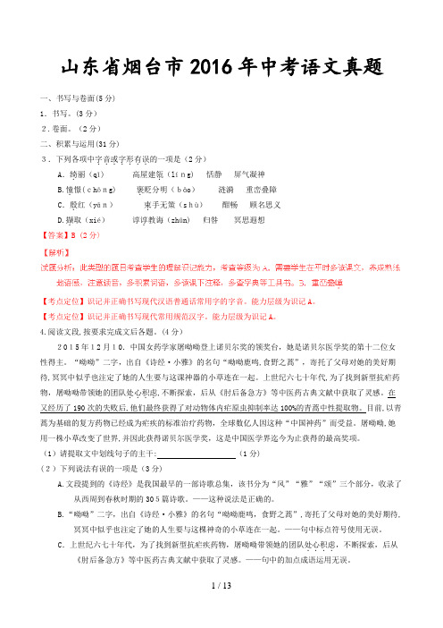 (精)山东省烟台市2016年中考语文真题