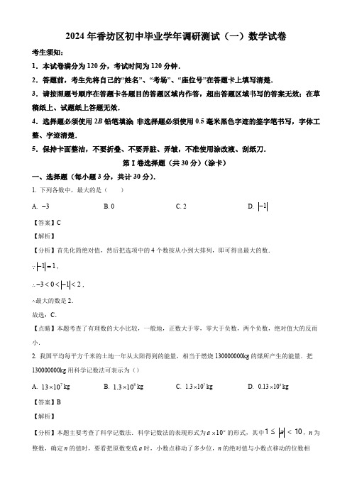 2024年黑龙江省哈尔滨市香坊区中考一模数学试题(解析版)