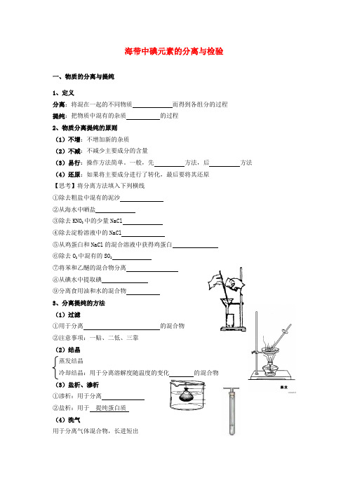 高考化学 实验化学海带中碘元素的分离与检验学案 苏教版修6