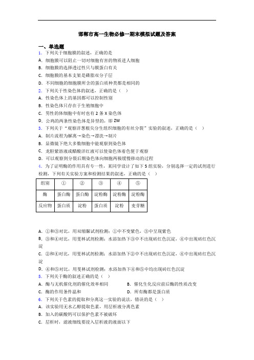 邯郸市高一生物必修一期末模拟试题及答案