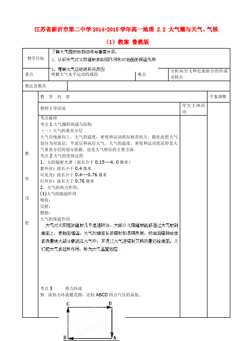 江苏省新沂市第二中学高一地理 2.2 大气圈与天气、气候(1)教案 鲁教版