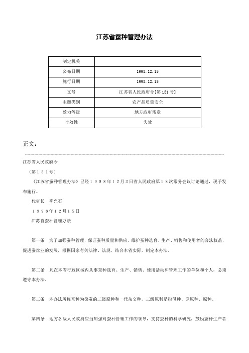 江苏省蚕种管理办法-江苏省人民政府令[第151号]