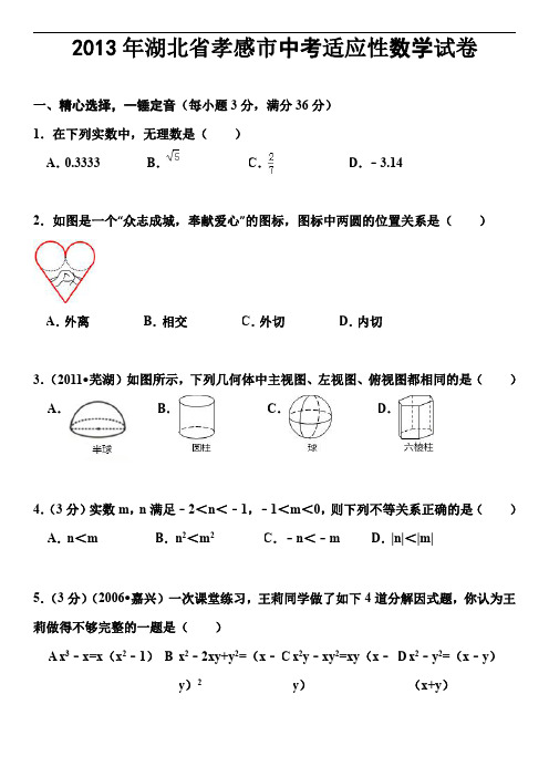 2013年湖北省孝感市中考适应性考试数学试卷_20200625145046