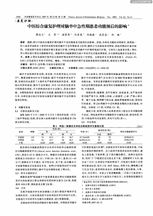 中医综合康复护理对脑卒中急性期患者功能预后的影响