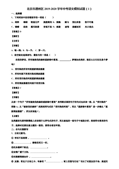 北京市通州区2019-2020学年中考语文模拟试题(1)含解析