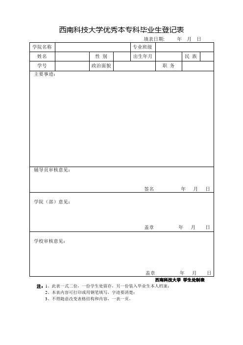 西南科技大学优秀本专科毕业生登记表