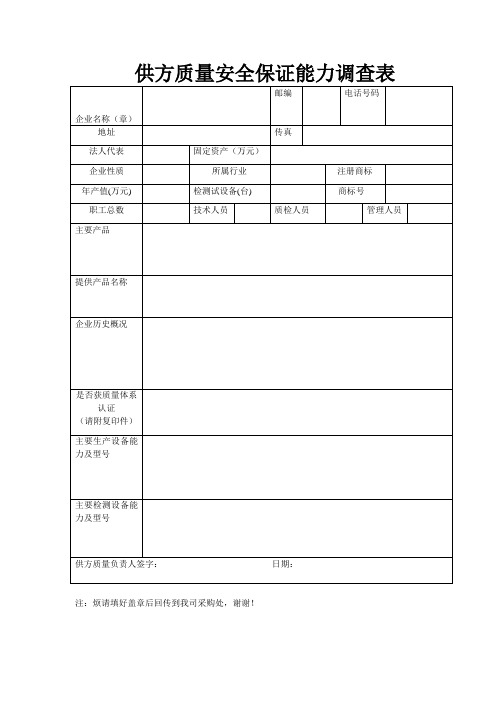 供方质量安全保证能力调查表