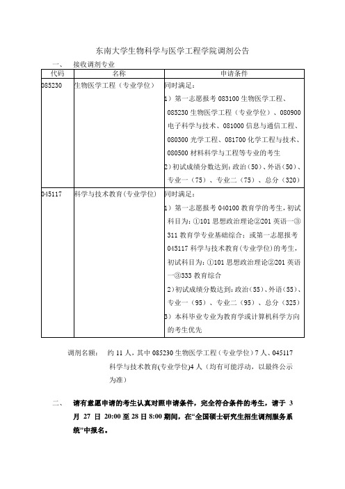 东南大学生物科学与医学工程学院调剂公告
