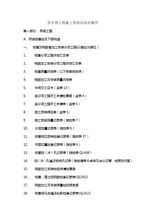 各分项工程施工资料内容及顺序