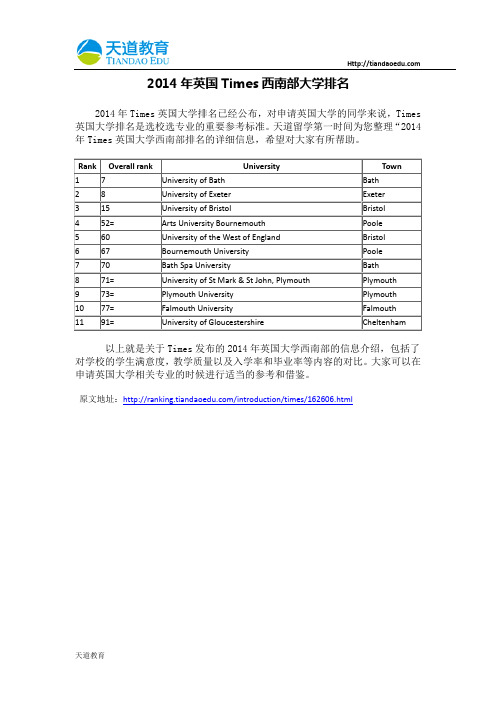 【天道独家】2014年英国Times西南部大学排名