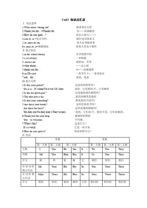 人教版七年级英语上册Unit3短语、句型、知识点总结