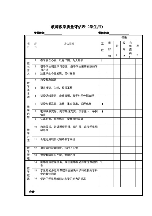 教师教学质量评估表