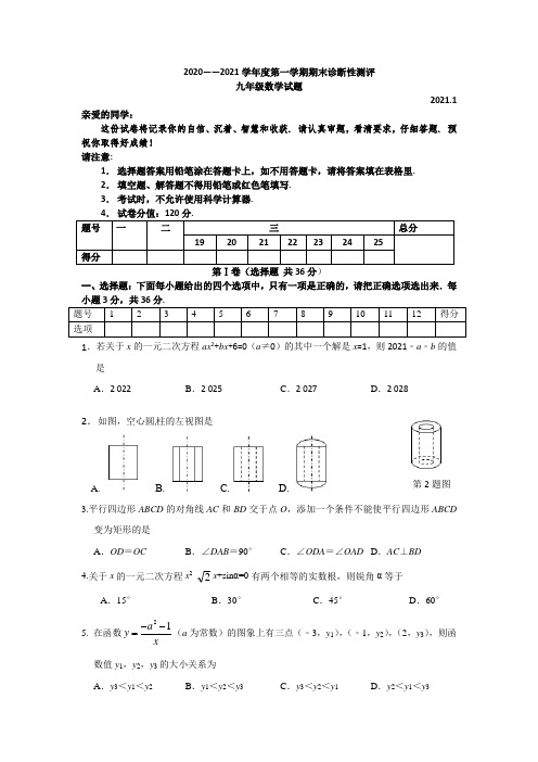 山东省枣庄市薛城区2020-2021学年九年级上学期期末模拟数学试题(彩虹班)