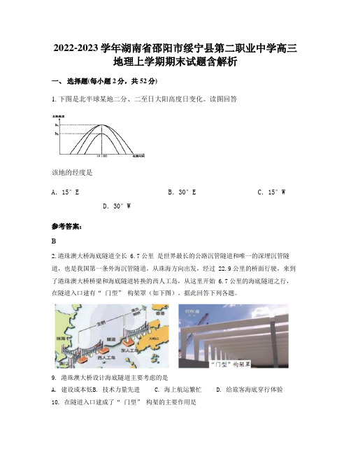 2022-2023学年湖南省邵阳市绥宁县第二职业中学高三地理上学期期末试题含解析