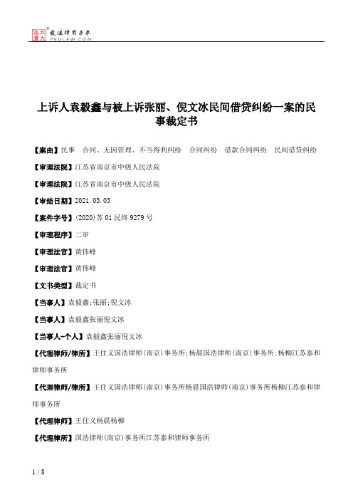 上诉人袁毅鑫与被上诉张丽、倪文冰民间借贷纠纷一案的民事裁定书