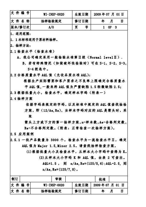 AQL抽样检验规定