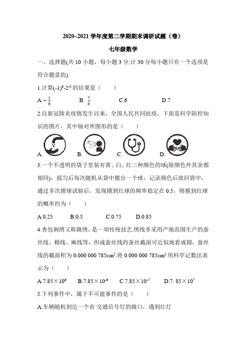 2020~2021学年度第二学期期末调研试题(卷)七年级数学