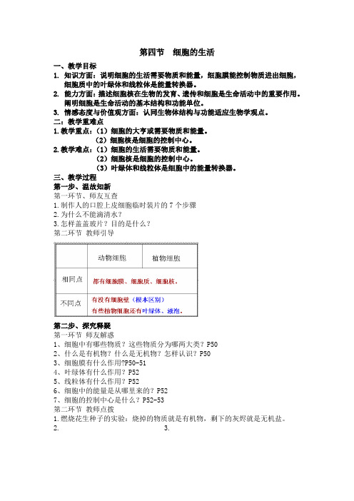 人教版七年级生物上册教案2.1.4细胞的生活