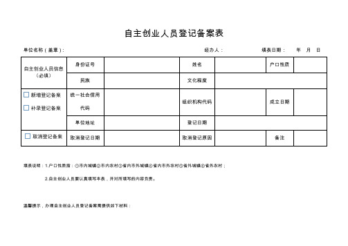 自主创业人员登记备案表