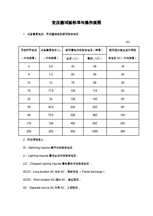 电力变压器试验标准与操作规程