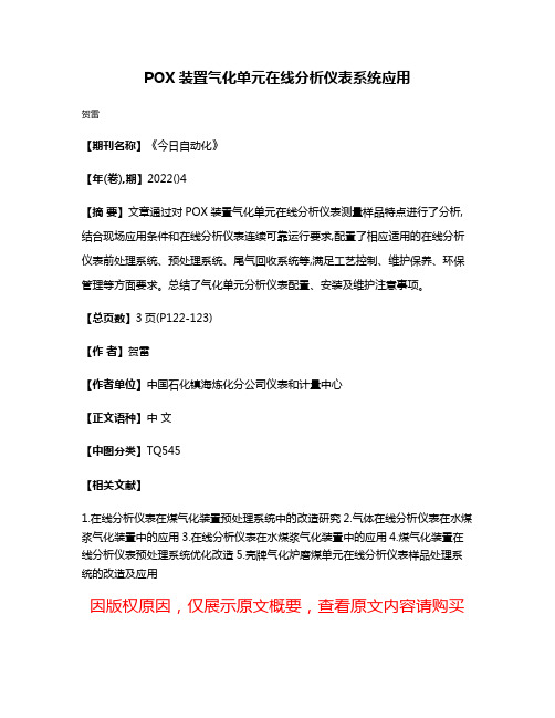 POX装置气化单元在线分析仪表系统应用