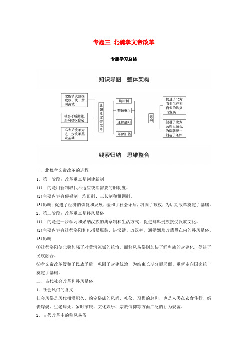 高中历史 专题三 北魏孝文帝改革专题学习总结学案 人民版选修1