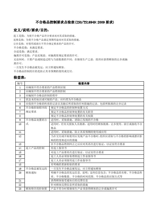 不合格品控制要求点检表(TS16949要求)