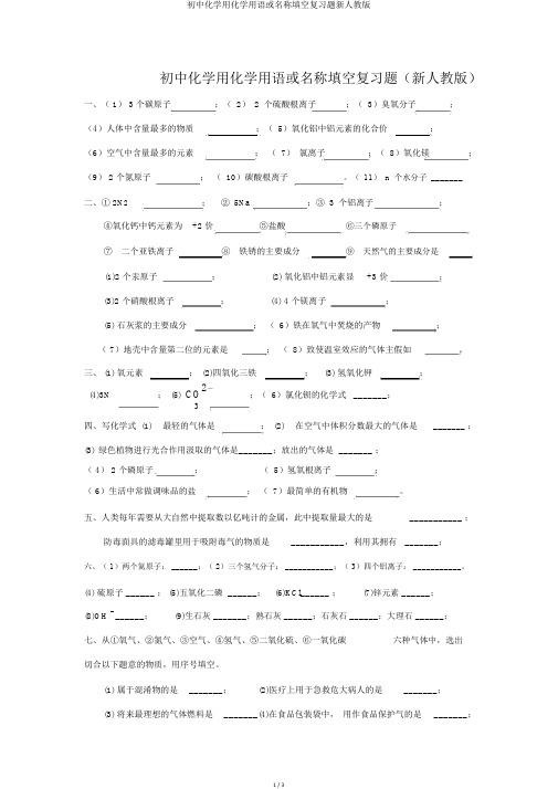 初中化学用化学用语或名称填空复习题新人教版