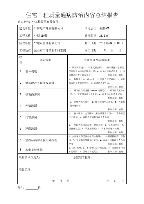 住宅工程质量通病防治内容总结报告