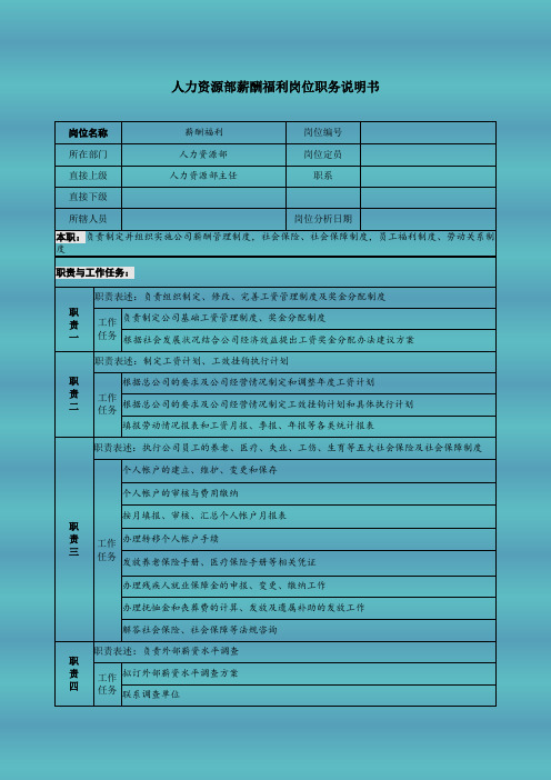 人力资源部薪酬福利岗位职务说明书