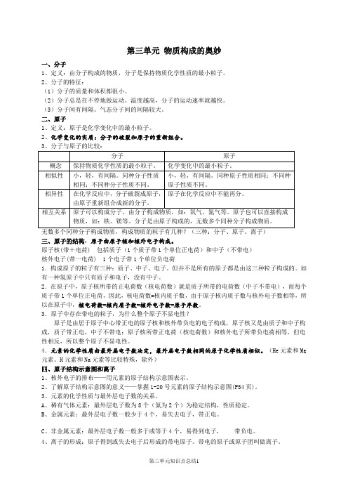 人教版九年级化学初中化学第三单元物质构成的奥秘知识点总结