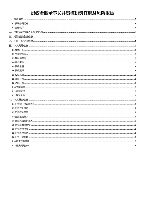 蚂蚁金服董事长-井贤栋投资任职及风险报告