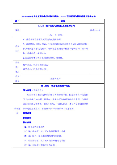 2019-2020年人教版高中数学必修三教案：1-1-2 程序框图与算法的基本逻辑结构