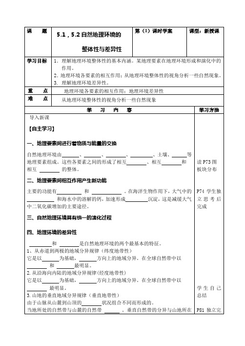 §5.1.2.《陆地自然环境的整体性与差异性》学案