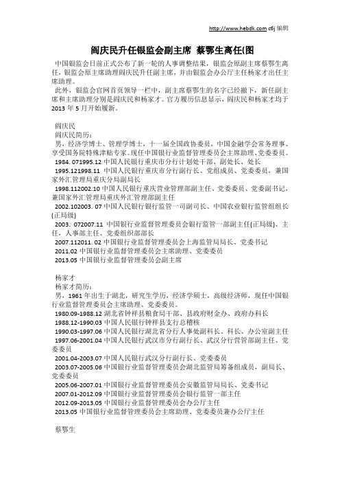 阎庆民升任银监会副主席 蔡鄂生离任(图