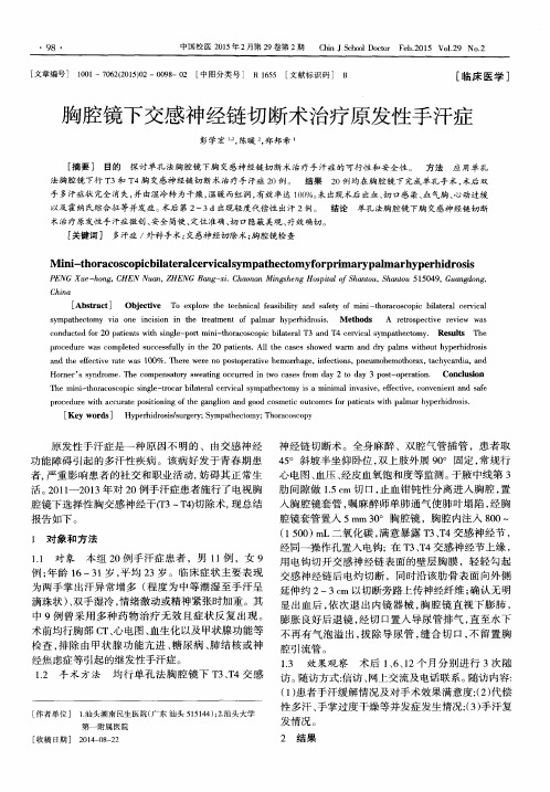 胸腔镜下交感神经链切断术治疗原发性手汗症