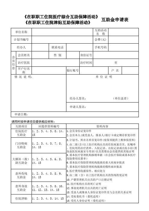 在职工职工住院互助金申请表