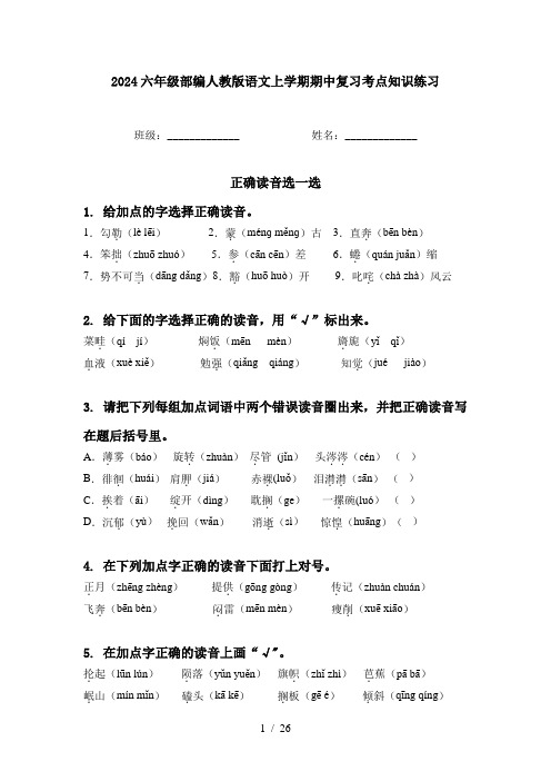 2024六年级部编人教版语文上学期期中复习考点知识练习