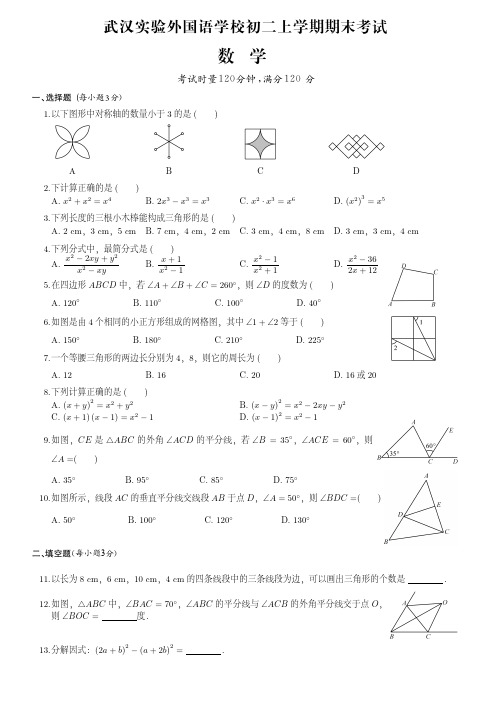 武汉实验外国语学校初二上学期期末数学试卷(附答案)