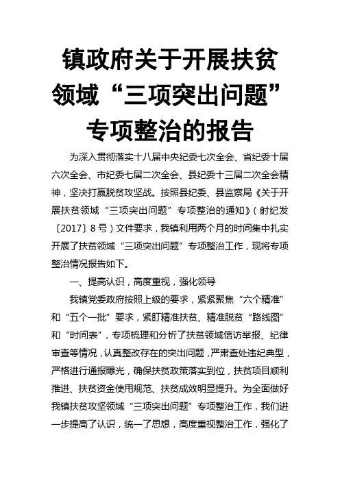 镇政府关于开展扶贫领域“三项突出问题”专项整治的报告