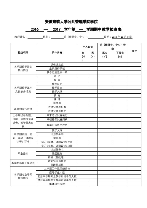 2016—2017学年第一学期期中教学检查表【模板】