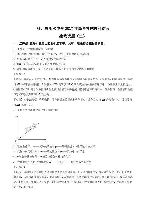 河北省衡水中学2017届高考押题理科综合生物试题(二)(解析版)